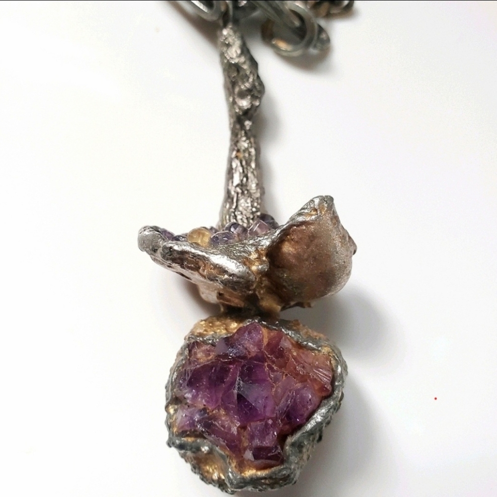 Vintage Brutalist Pewter and Amethyst Necklace - Picture 2 of 6